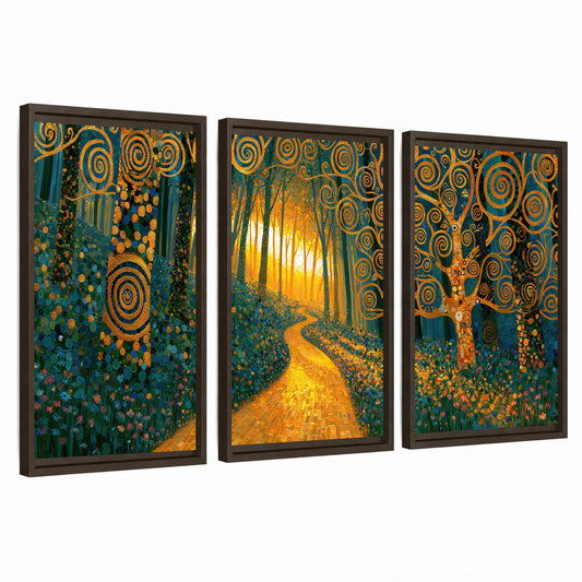 Golden swirl forest painting 3 piece framed canvas wall art set on a white background