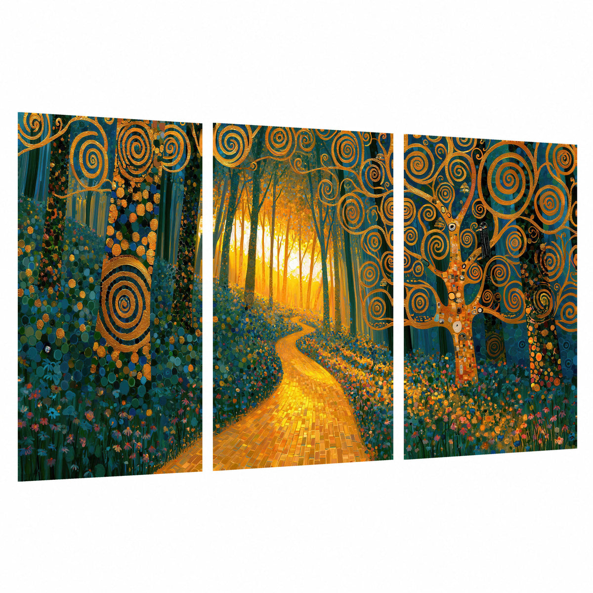 Golden swirl forest painting set of 3 poster prints on a white background