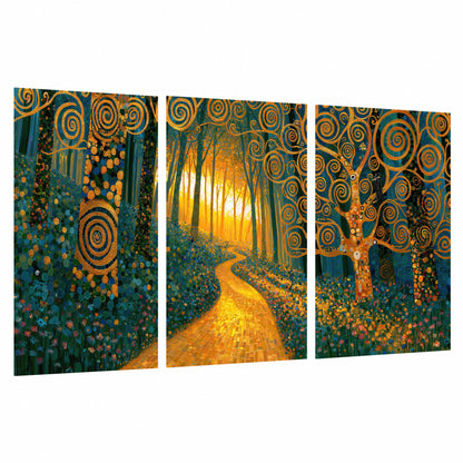 Golden swirl forest painting set of 3 poster prints on a white background