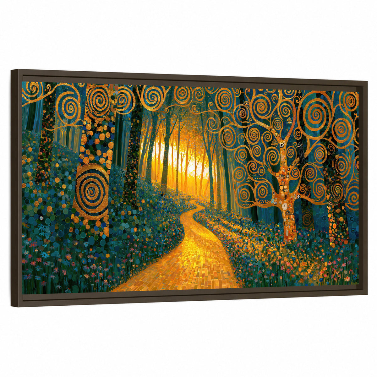 Golden swirl forest painting framed canvas wall art on a white background