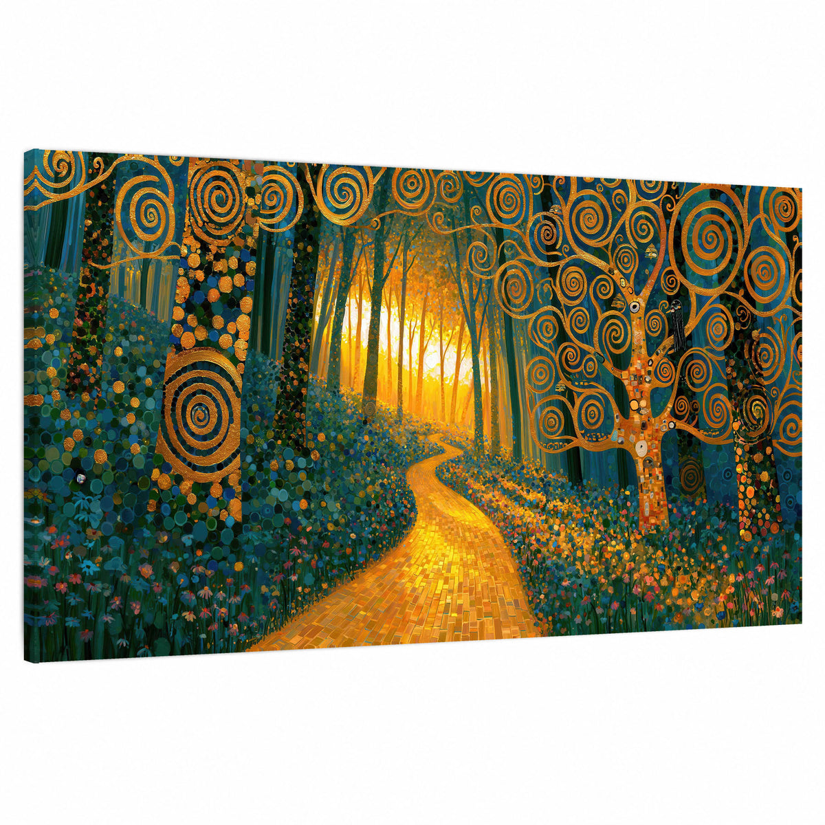 Golden swirl forest painting stretched canvas wall art on a white background