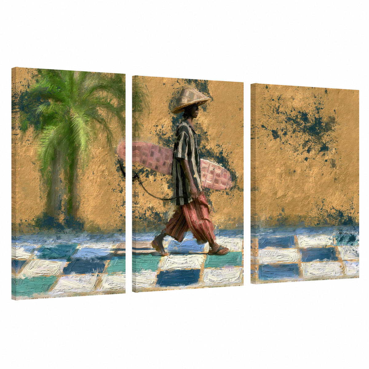 Surfer street painting 3 piece canvas wall art set on a white background