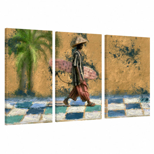 Surfer street painting 3 piece canvas wall art set on a white background
