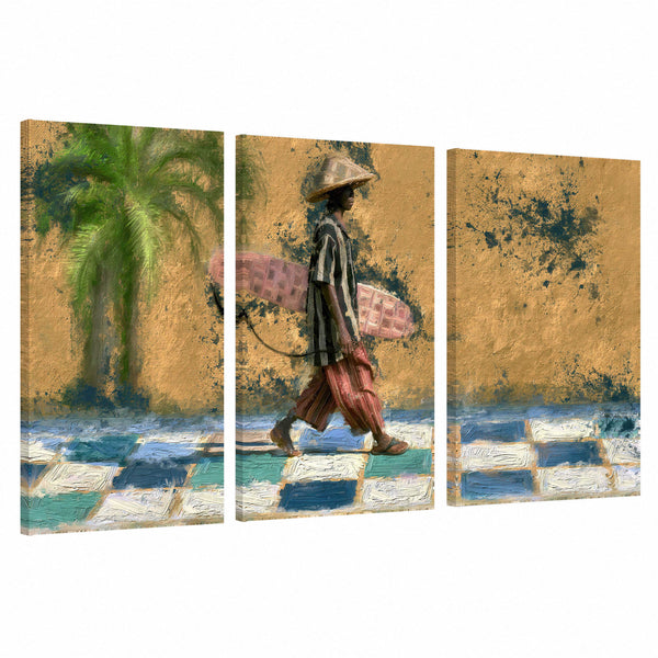 Surfer Walking by Palm Tree Wall Art – Textured Coastal Street Painting