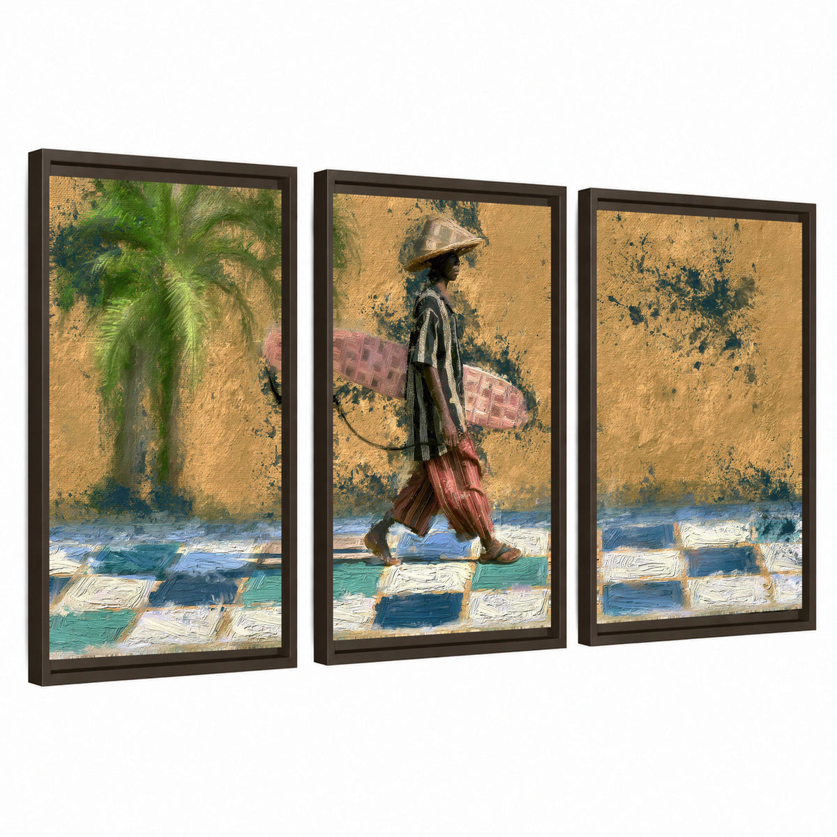 Surfer street painting 3 piece framed canvas wall art set on a white background