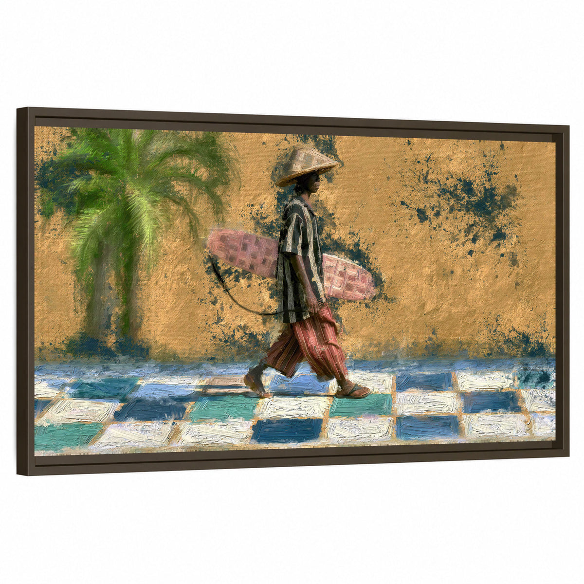 Surfer street painting framed canvas wall art on a white background