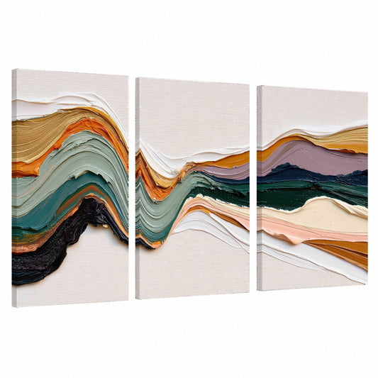 Textured abstract waves painting 3 piece canvas wall art set on a white background