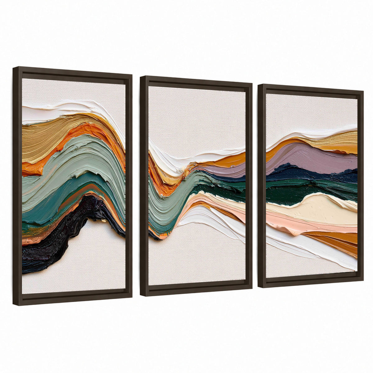 Textured abstract waves painting 3 piece framed canvas wall art set on a white background