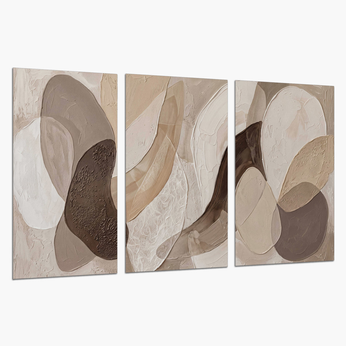 Layered organic shapes in taupe, cream and brown set of 3 poster prints on a white background
