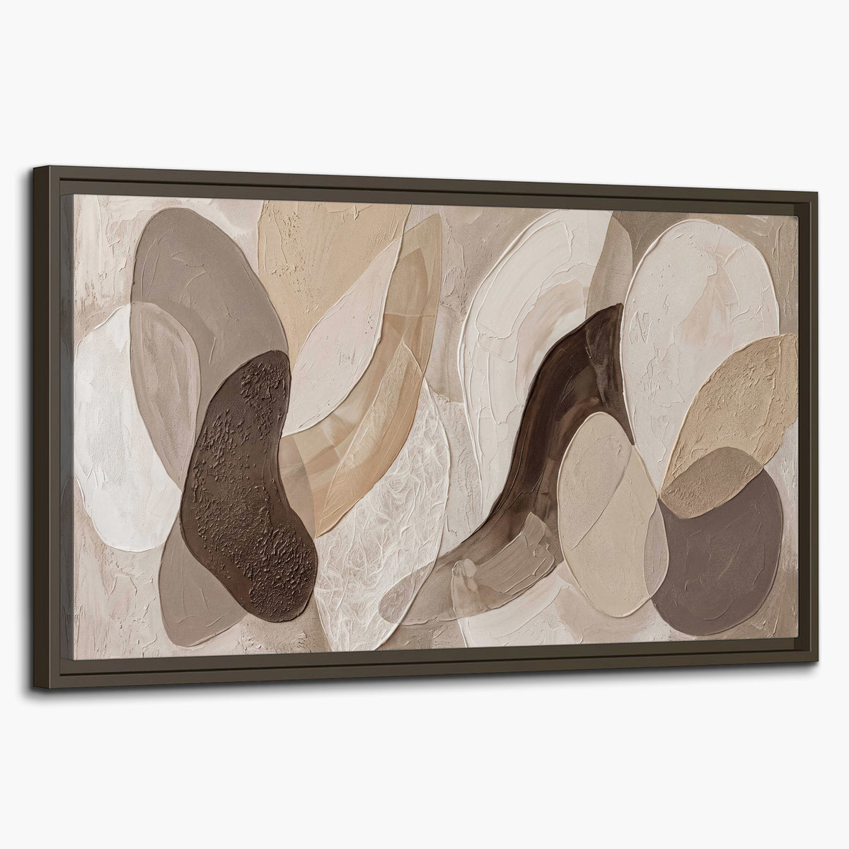 Layered organic shapes in taupe, cream and brown single framed canvas wall art on a white background
