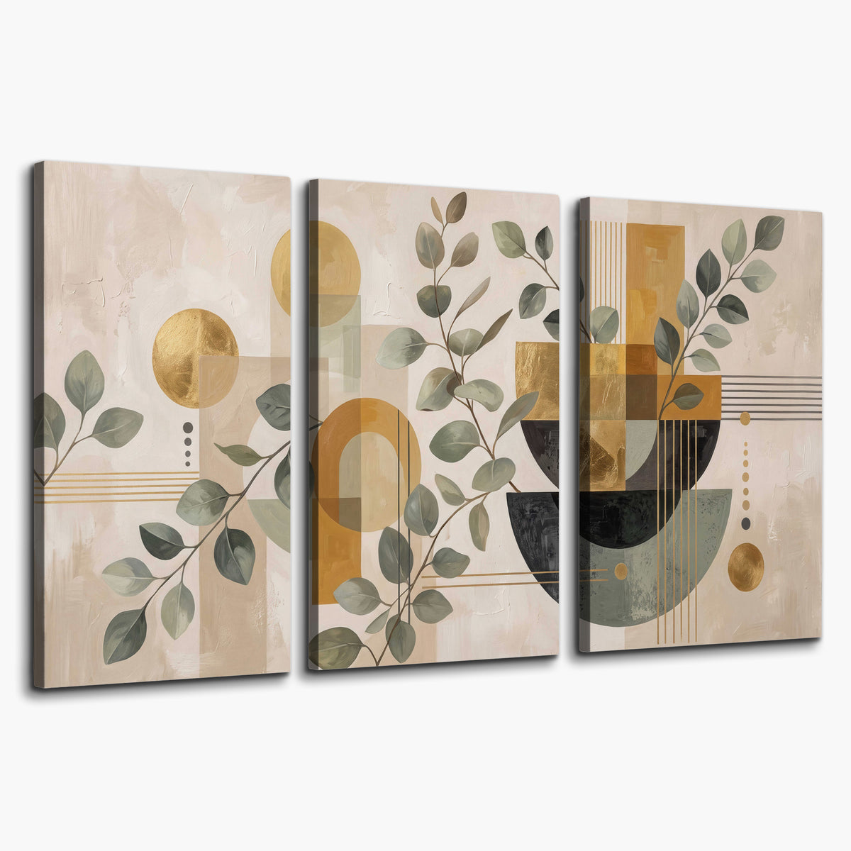 Sage leaves and golden arches geometric botanical 3 piece canvas wall art on a white background
