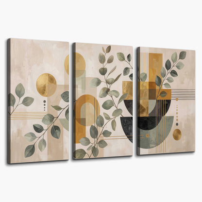 Sage leaves and golden arches geometric botanical 3 piece canvas wall art on a white background