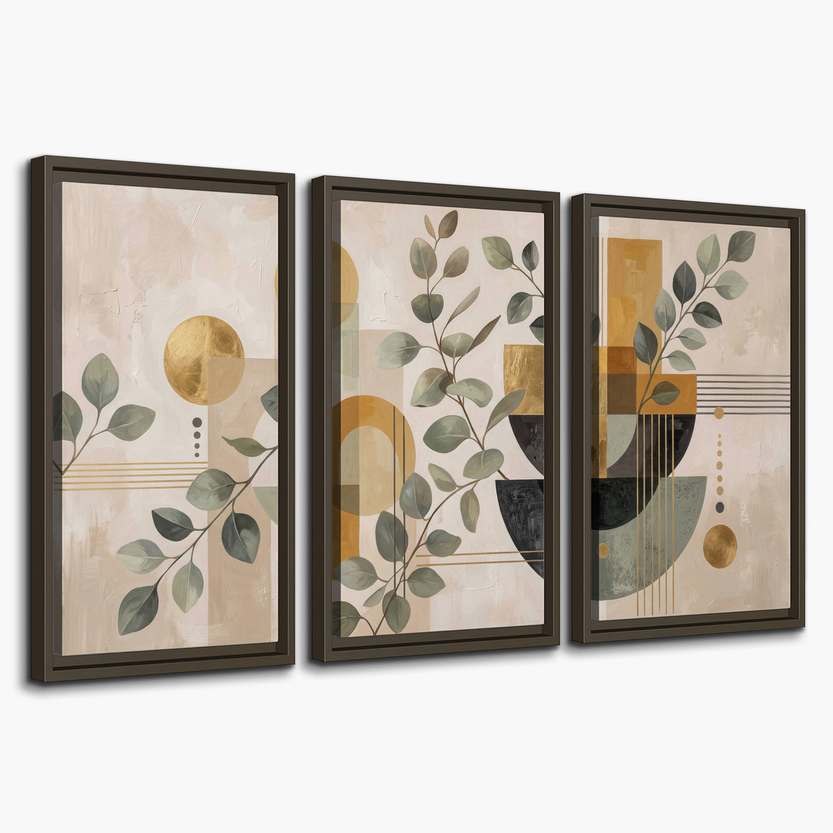 Sage leaves and golden arches geometric botanical 3 piece framed canvas wall art on a white background