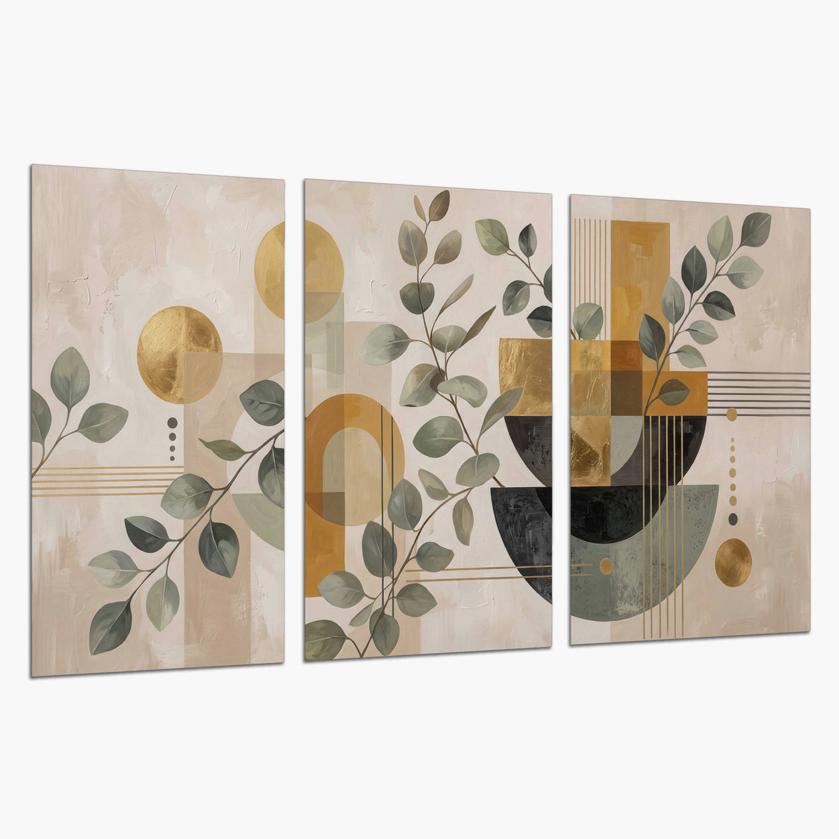 Sage leaves and golden arches geometric botanical set of 3 poster prints on a white background