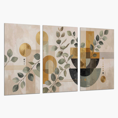 Sage leaves and golden arches geometric botanical set of 3 poster prints on a white background