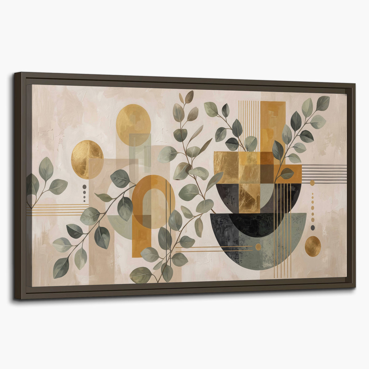 Sage leaves and golden arches geometric botanical single framed canvas wall art on a white background