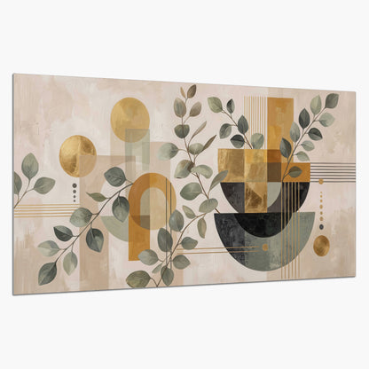 Sage leaves and golden arches geometric botanical single poster print on a white background