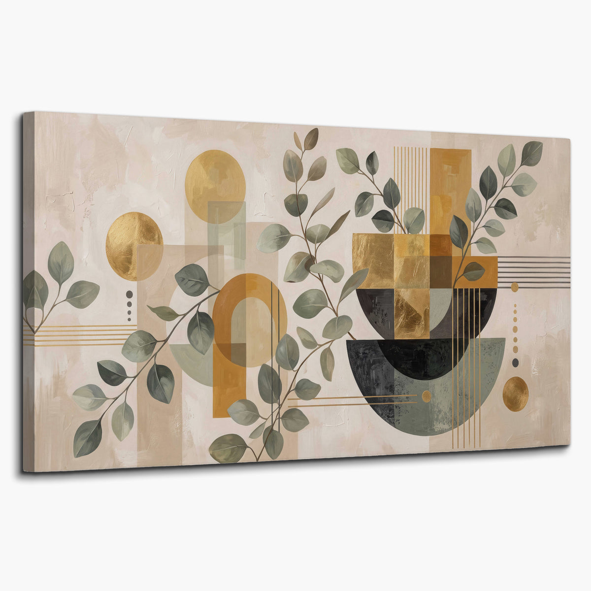 Sage leaves and golden arches geometric botanical single canvas wall art on a white background
