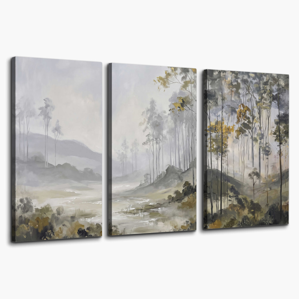 Misty woodland stream with gray trees, muted olive foliage and distant hazy hills 3 piece canvas wall art on a white background