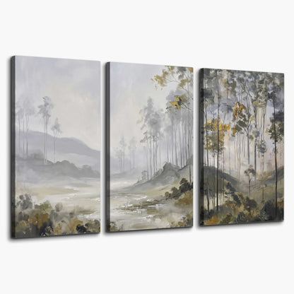 Misty woodland stream with gray trees, muted olive foliage and distant hazy hills 3 piece canvas wall art on a white background
