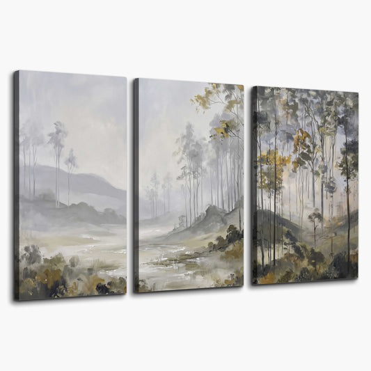 Misty woodland stream with gray trees, muted olive foliage and distant hazy hills 3 piece canvas wall art on a white background