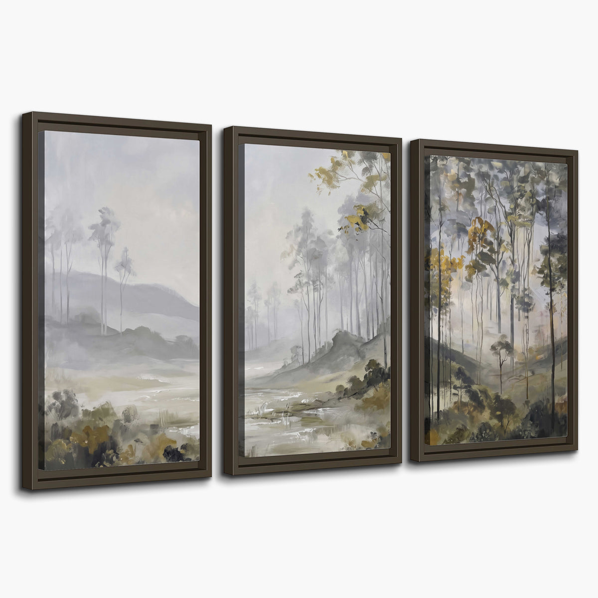 Misty woodland stream with gray trees, muted olive foliage and distant hazy hills 3 piece framed canvas wall art on a white background