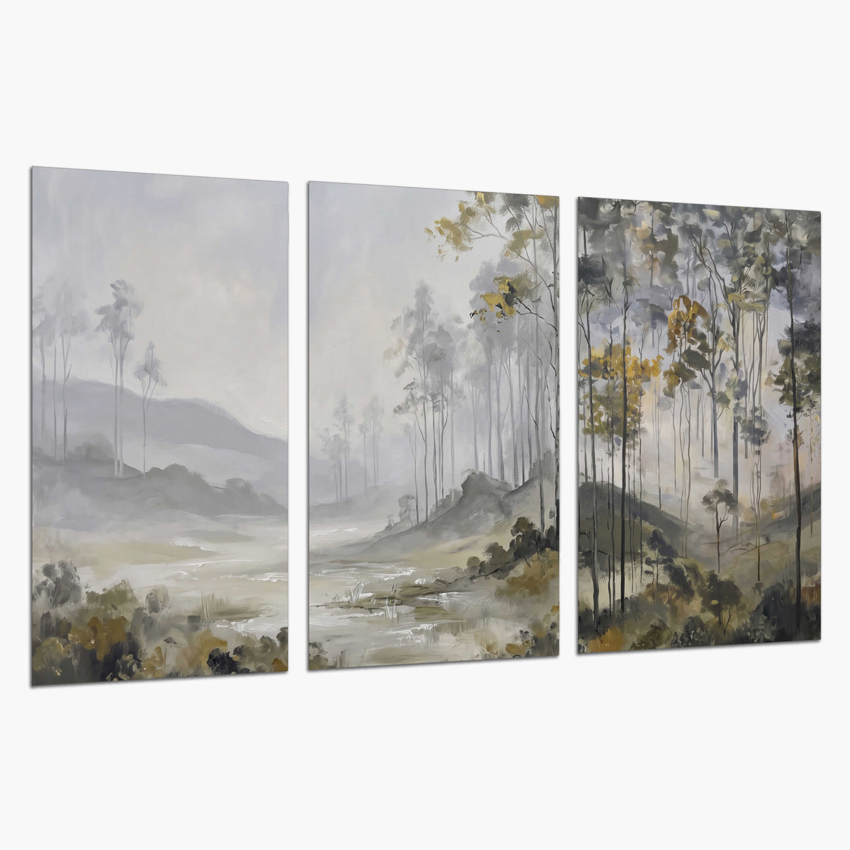Misty woodland stream with gray trees, muted olive foliage and distant hazy hills set of 3 poster prints on a white background