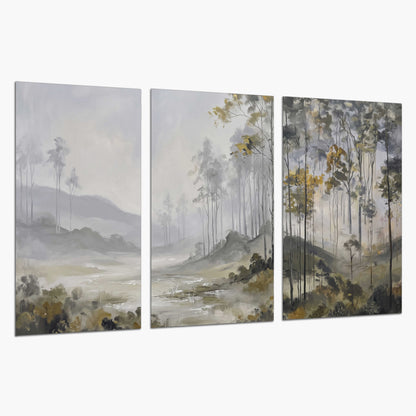 Misty woodland stream with gray trees, muted olive foliage and distant hazy hills set of 3 poster prints on a white background