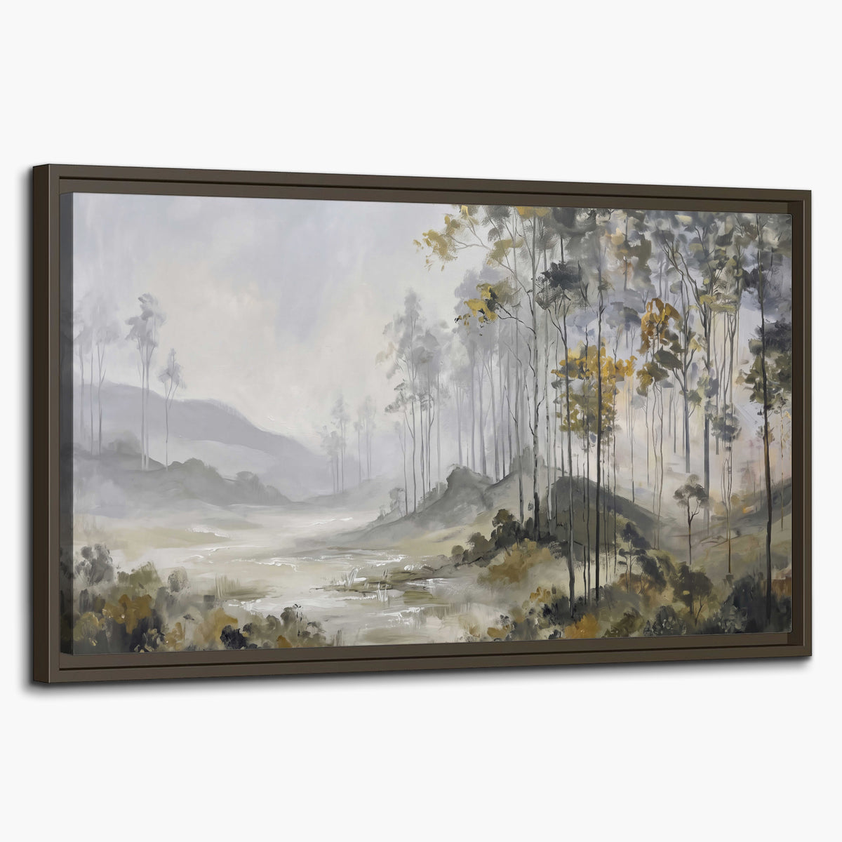 Misty woodland stream with gray trees, muted olive foliage and distant hazy hills single framed canvas wall art on a white background