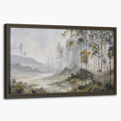 Misty woodland stream with gray trees, muted olive foliage and distant hazy hills single framed canvas wall art on a white background