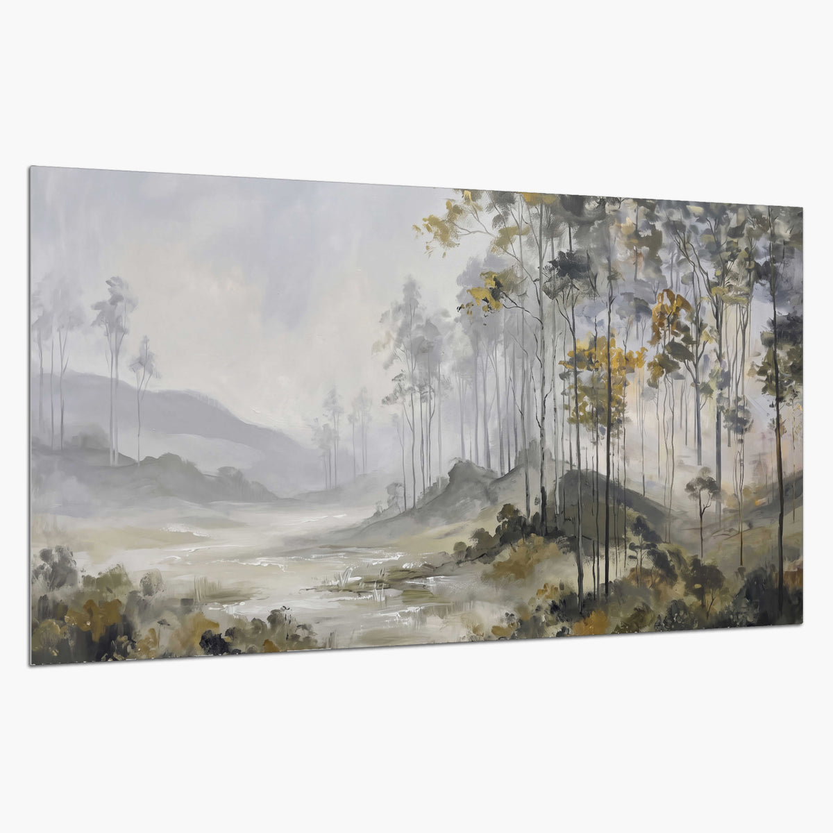 Misty woodland stream with gray trees, muted olive foliage and distant hazy hills single poster print on a white background