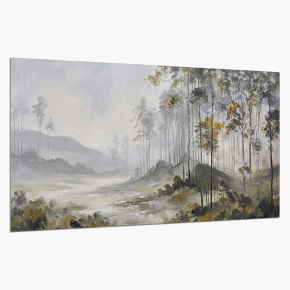 Misty woodland stream with gray trees, muted olive foliage and distant hazy hills single poster print on a white background