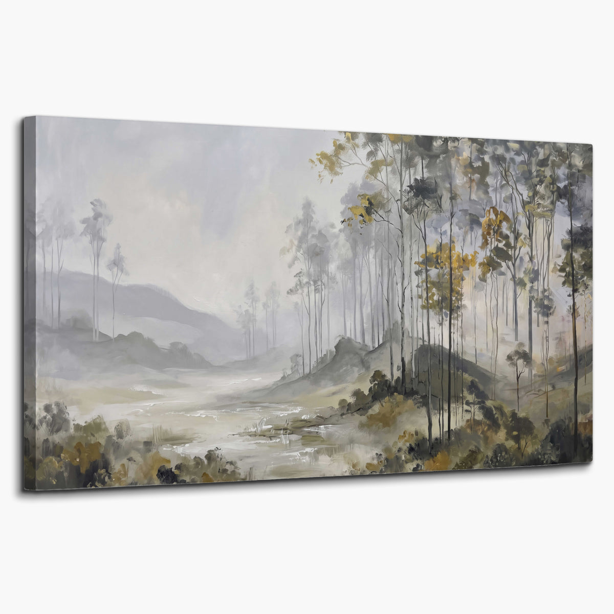 Misty woodland stream with gray trees, muted olive foliage and distant hazy hills single canvas wall art on a white background