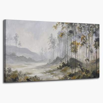 Misty woodland stream with gray trees, muted olive foliage and distant hazy hills single canvas wall art on a white background