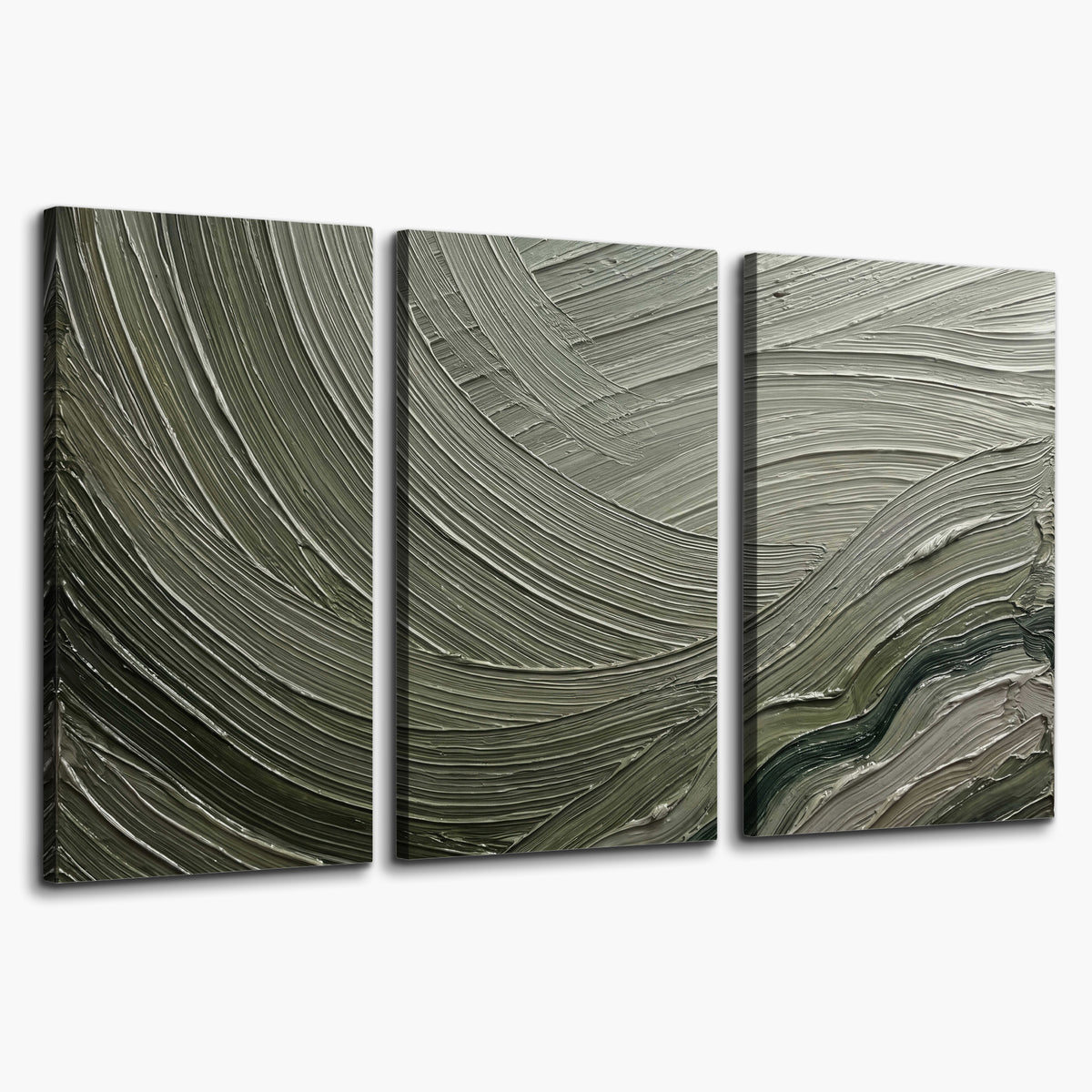 Olive and sage green abstract flowing waves with curved painted-style ridges 3 piece canvas wall art on a white background