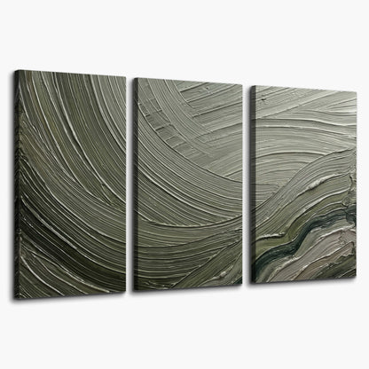 Olive and sage green abstract flowing waves with curved painted-style ridges 3 piece canvas wall art on a white background
