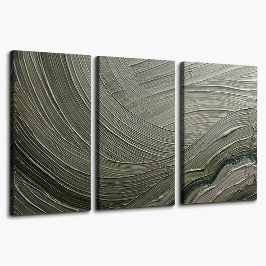 Olive and sage green abstract flowing waves with curved painted-style ridges 3 piece canvas wall art on a white background