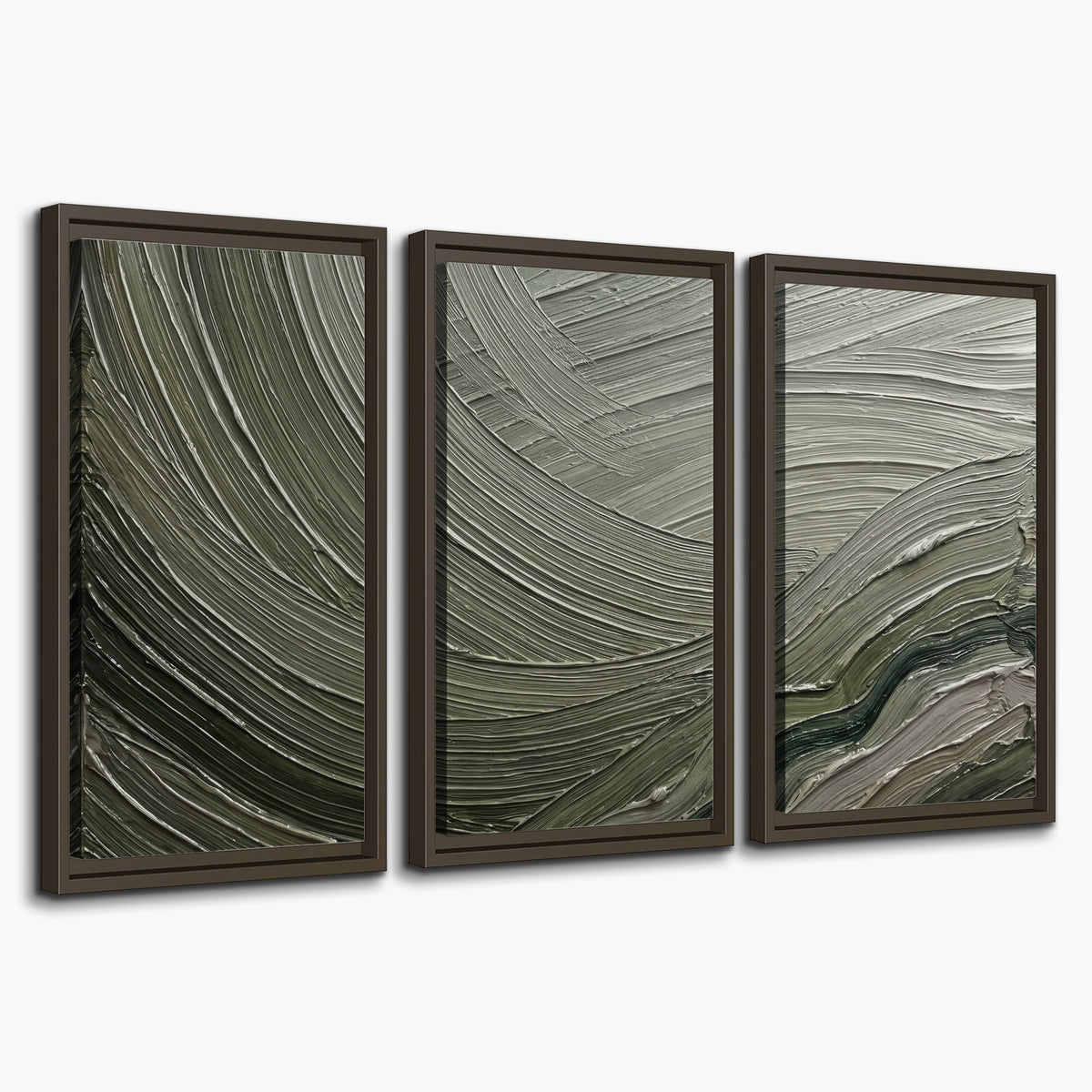 Olive and sage green abstract flowing waves with curved painted-style ridges 3 piece framed canvas wall art on a white background