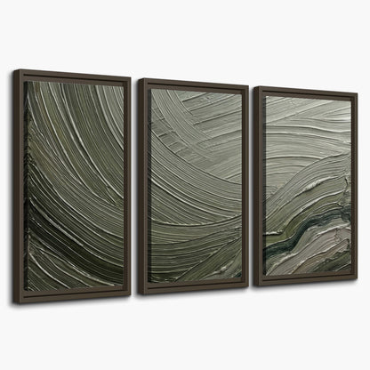 Olive and sage green abstract flowing waves with curved painted-style ridges 3 piece framed canvas wall art on a white background