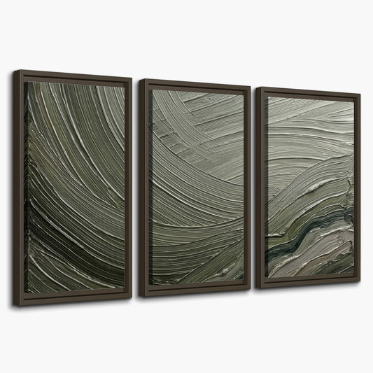 Olive and sage green abstract flowing waves with curved painted-style ridges 3 piece framed canvas wall art on a white background