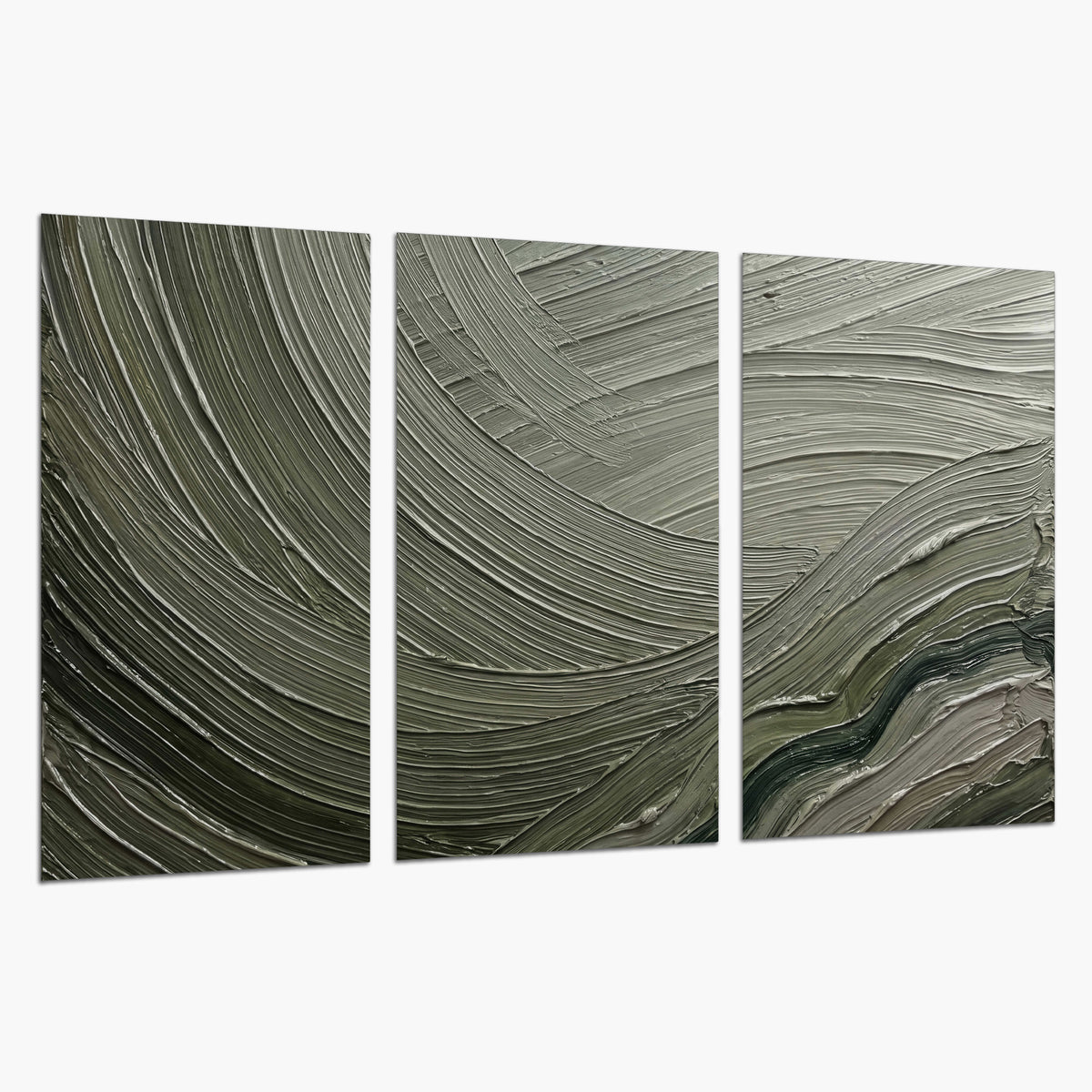 Olive and sage green abstract flowing waves with curved painted-style ridges set of 3 poster prints on a white background