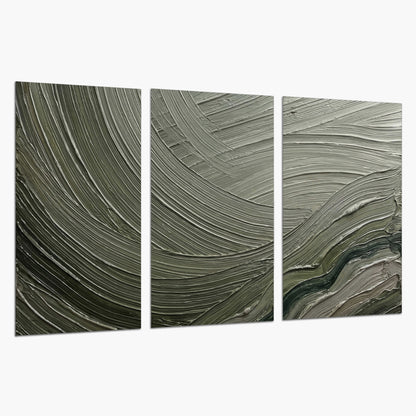 Olive and sage green abstract flowing waves with curved painted-style ridges set of 3 poster prints on a white background