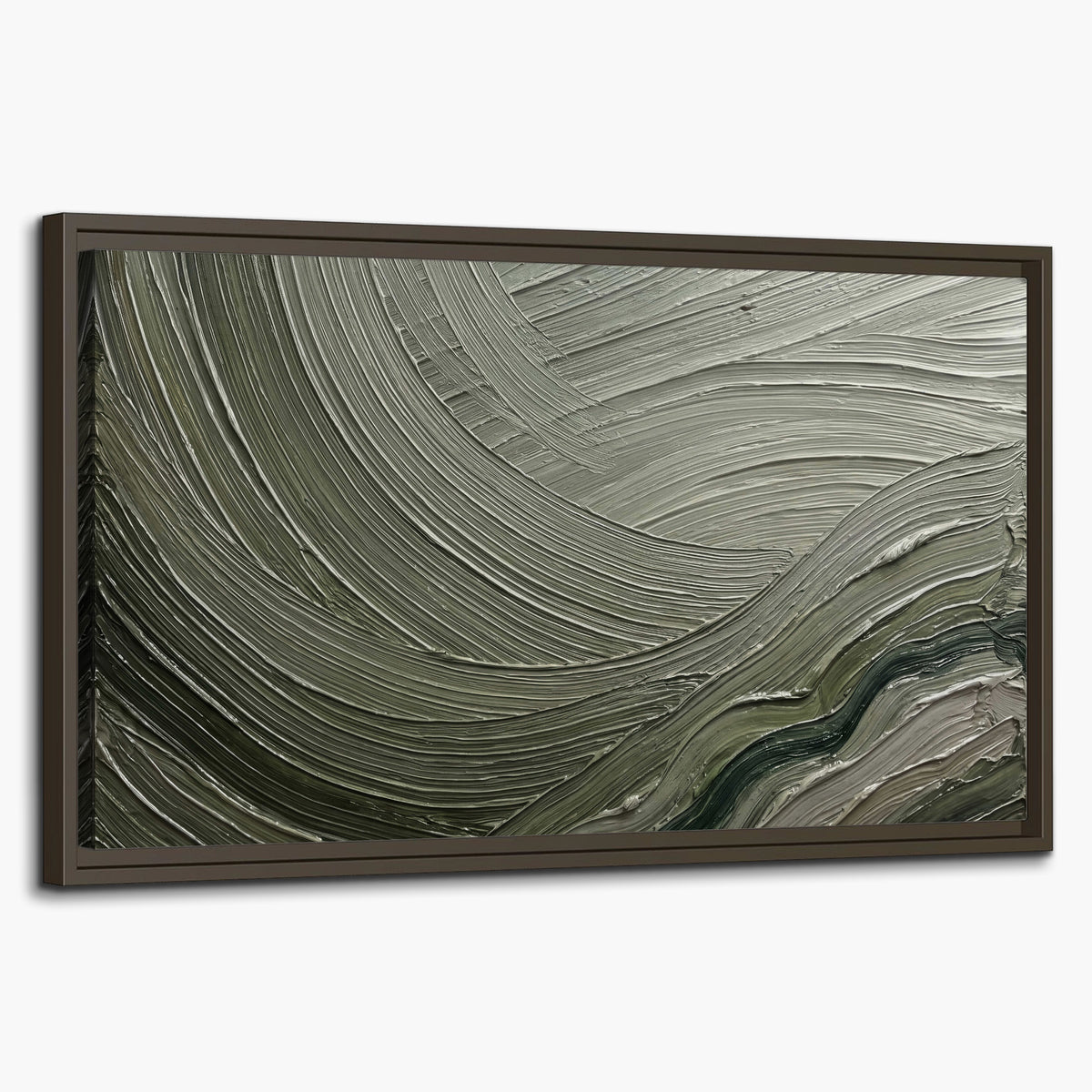 Olive and sage green abstract flowing waves with curved painted-style ridges single framed canvas wall art on a white background