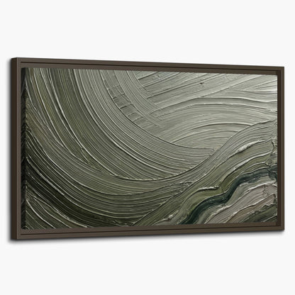 Olive and sage green abstract flowing waves with curved painted-style ridges single framed canvas wall art on a white background