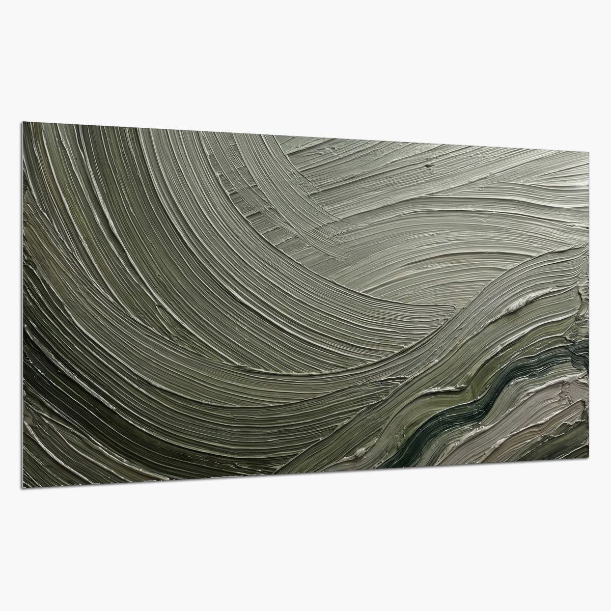 Olive and sage green abstract flowing waves with curved painted-style ridges single poster print on a white background