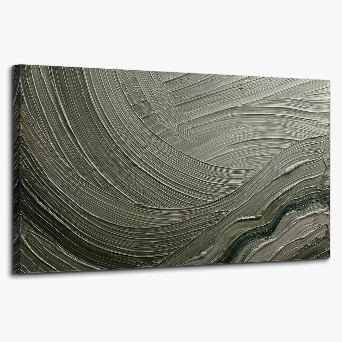 Olive and sage green abstract flowing waves with curved painted-style ridges single canvas wall art on a white background