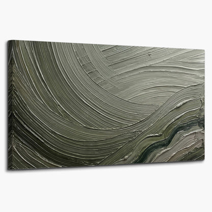 Olive and sage green abstract flowing waves with curved painted-style ridges single canvas wall art on a white background