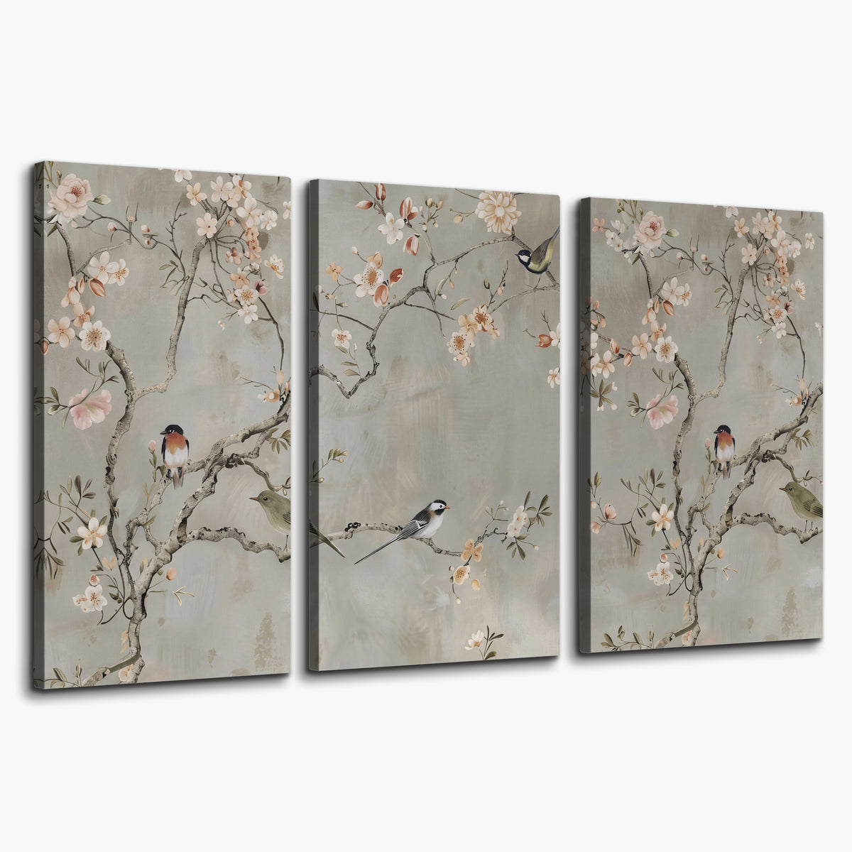 Small songbirds among pink and cream blossoms, green leaves and delicate branches on gray 3 piece canvas wall art on a white background