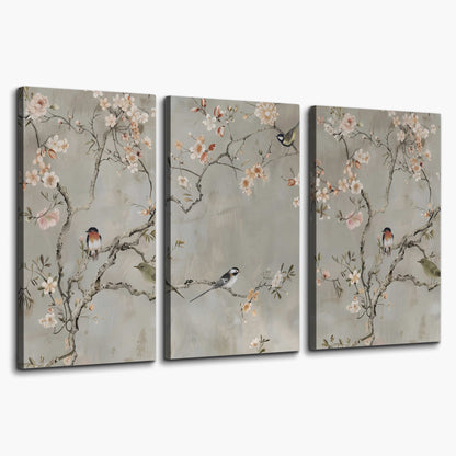 Small songbirds among pink and cream blossoms, green leaves and delicate branches on gray 3 piece canvas wall art on a white background