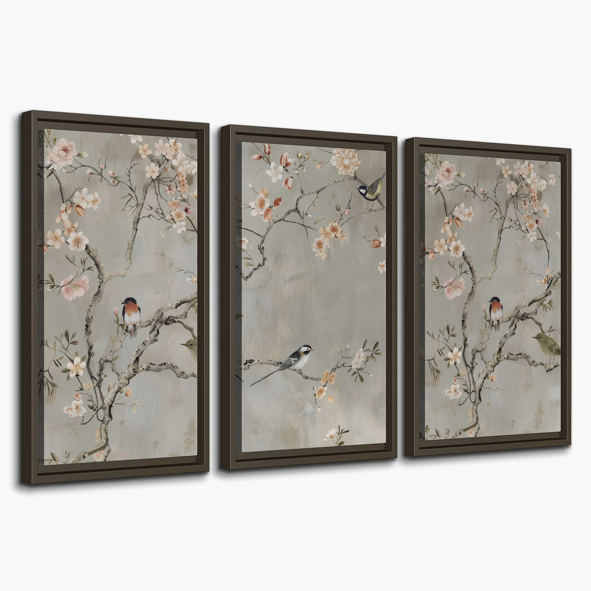 Small songbirds among pink and cream blossoms, green leaves and delicate branches on gray 3 piece framed canvas wall art on a white background